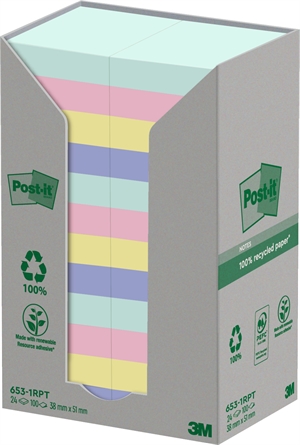 3M Post-it Recyklované mix barvy 38 x 51 mm, 100 listů - 24 balení