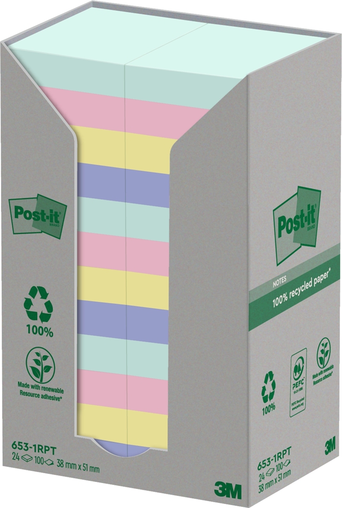 3M Post-it Recyklované mix barvy 38 x 51 mm, 100 listů - 24 balení