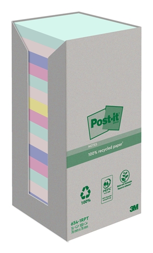 3M Poznámkový blok Post-it Recycled, smíšené barvy, 76 x 76 mm, 100 listů - 16 balení